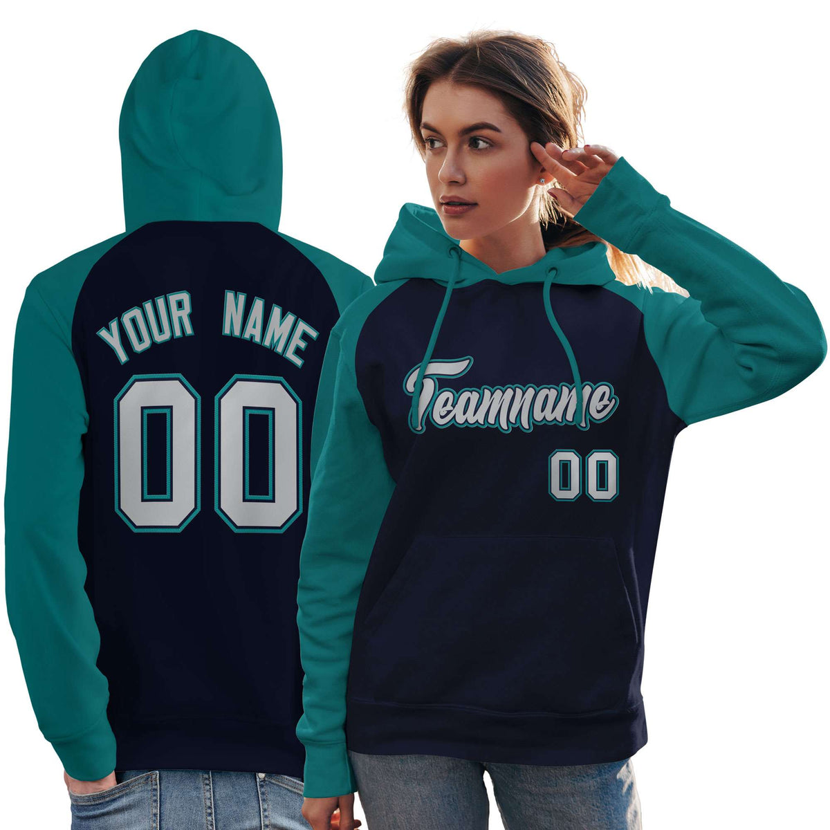 Custom Stitched Navy Aqua-Gray Raglan Sleeves Sports Pullover Sweatshirt Hoodie For Women| KXKSHOP