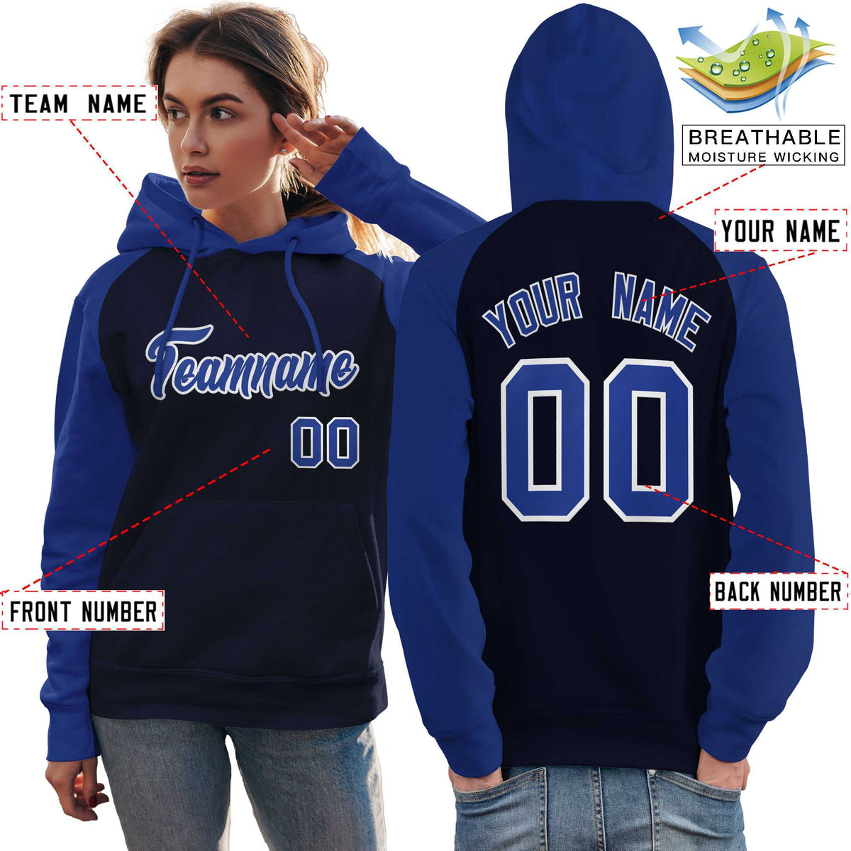 Custom Stitched Navy Royal Raglan Sleeves Sports Pullover Sweatshirt Hoodie For Women| KXKSHOP