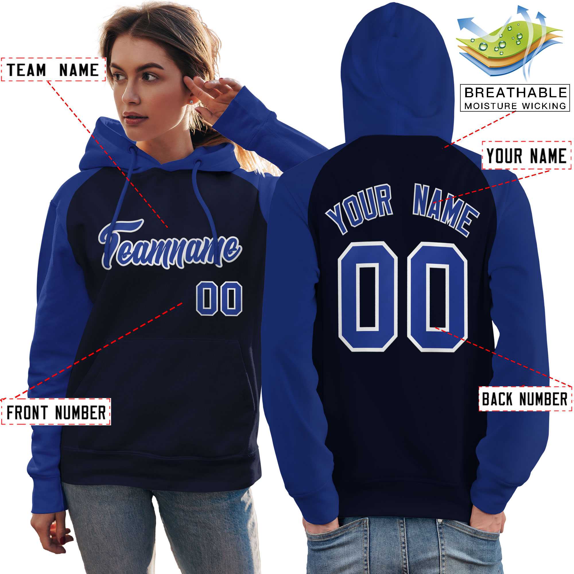 Custom Stitched Navy Royal Raglan Sleeves Sports Pullover Sweatshirt Hoodie For Women| KXKSHOP