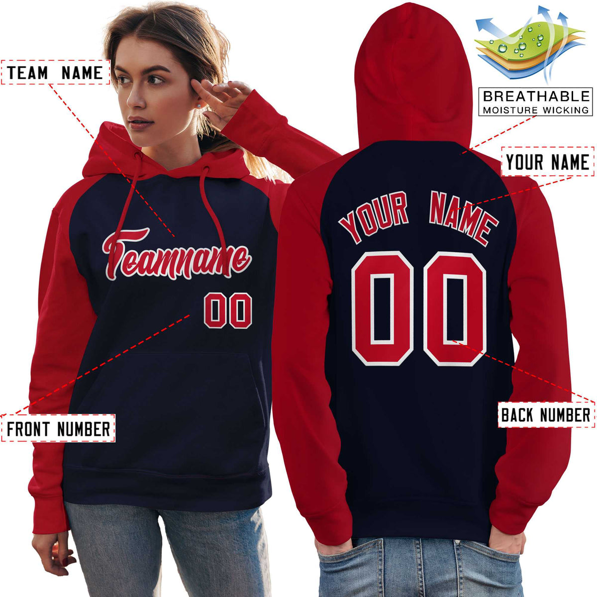 Custom Stitched Navy Red Raglan Sleeves Sports Pullover Sweatshirt Hoodie For Women| KXKSHOP