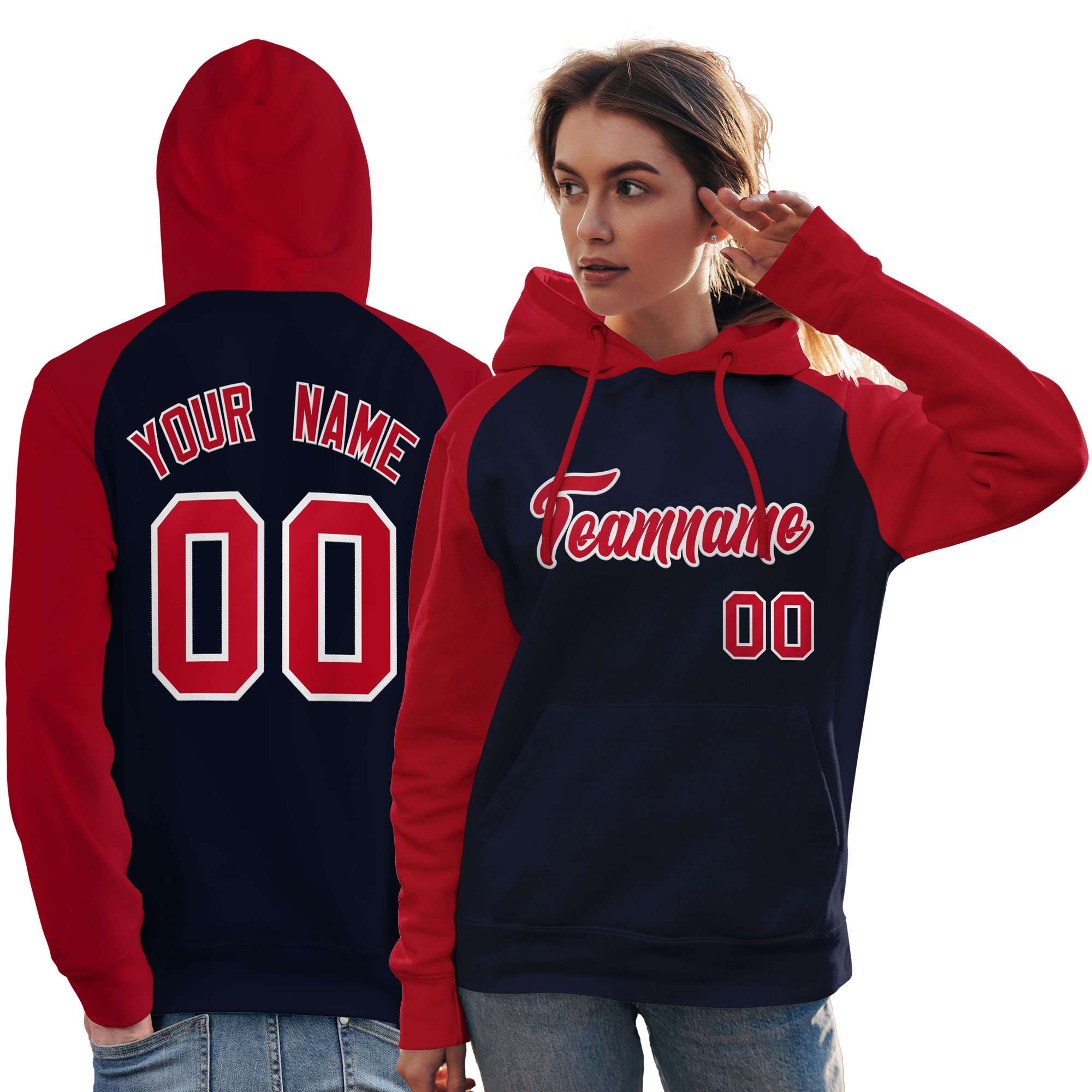 Custom Stitched Navy Red Raglan Sleeves Sports Pullover Sweatshirt Hoodie For Women| KXKSHOP