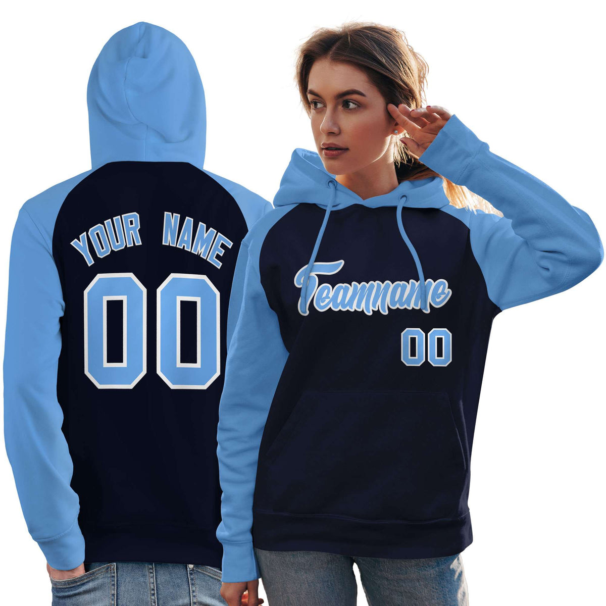 Custom Stitched Navy Powder Blue Raglan Sleeves Sports Pullover Sweatshirt Hoodie For Women| KXKSHOP