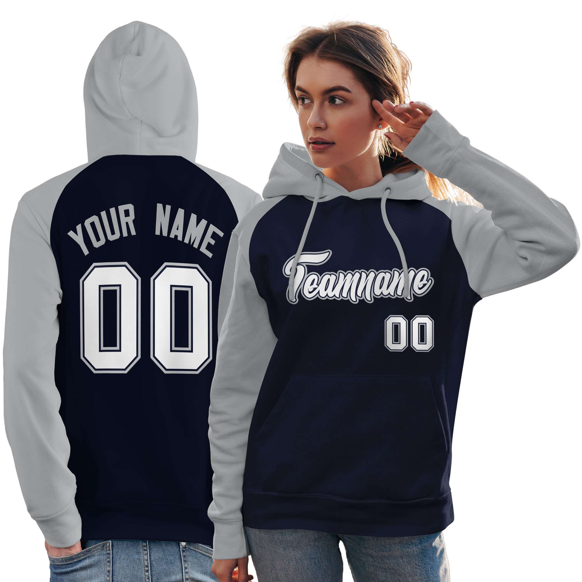 Custom Stitched Navy Gray-White Raglan Sleeves Sports Pullover Sweatshirt Hoodie For Women| KXKSHOP