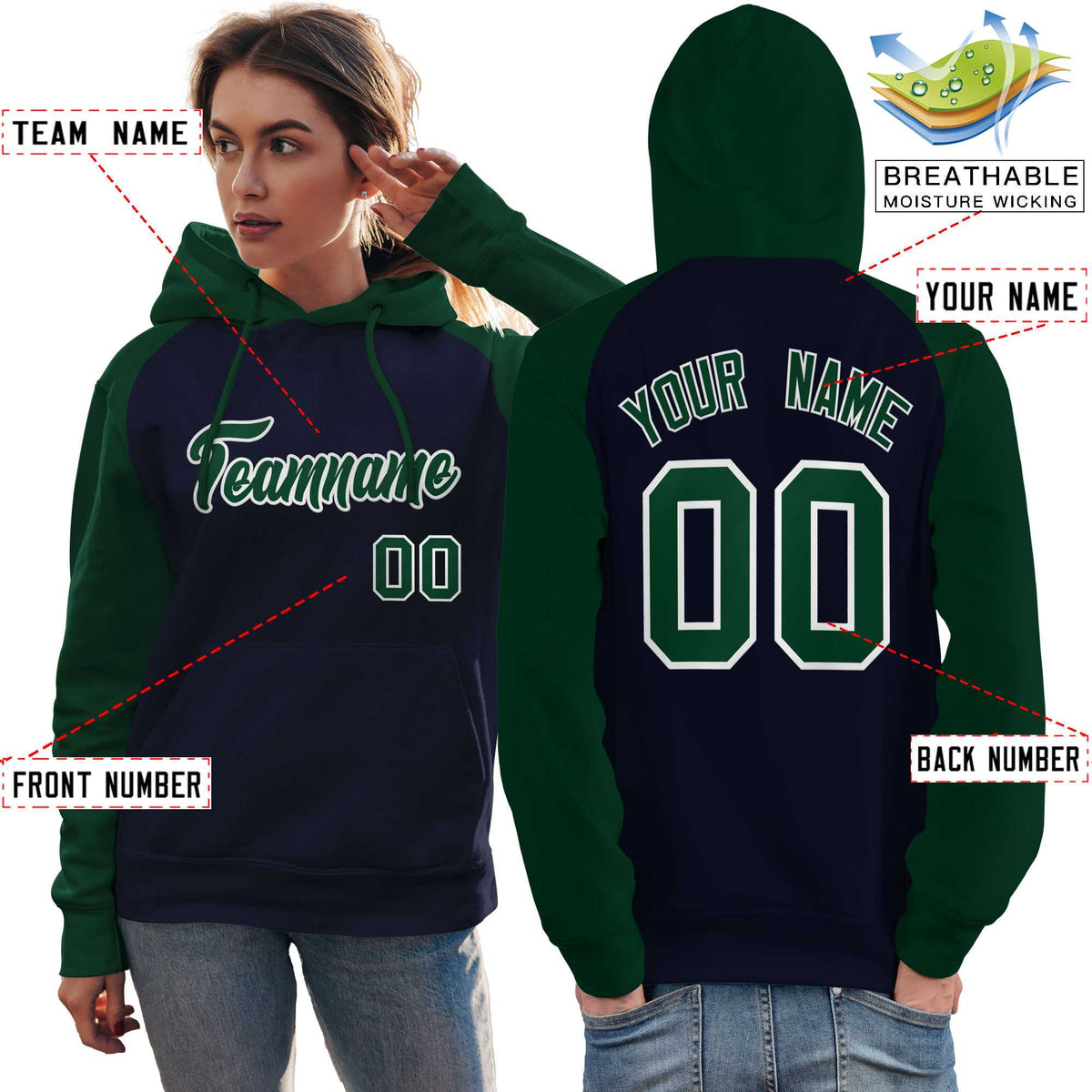 Custom Stitched Navy Green Raglan Sleeves Sports Pullover Sweatshirt Hoodie For Women| KXKSHOP
