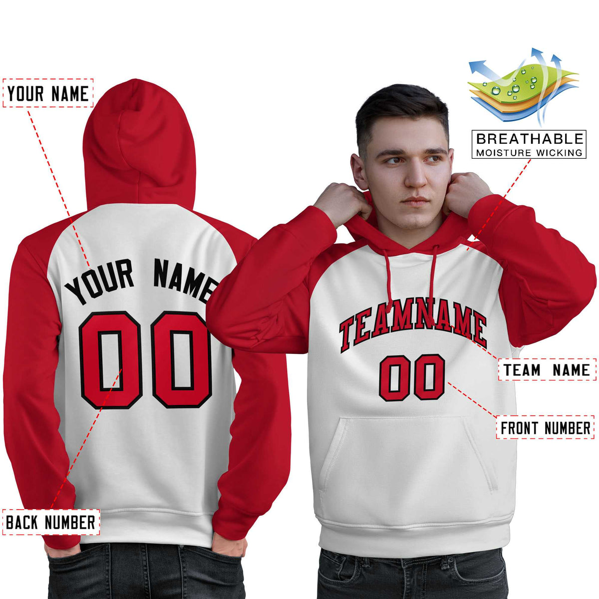 Custom Stitched White Red Raglan Sleeves Sports Pullover Sweatshirt Hoodie For Men| KXKSHOP