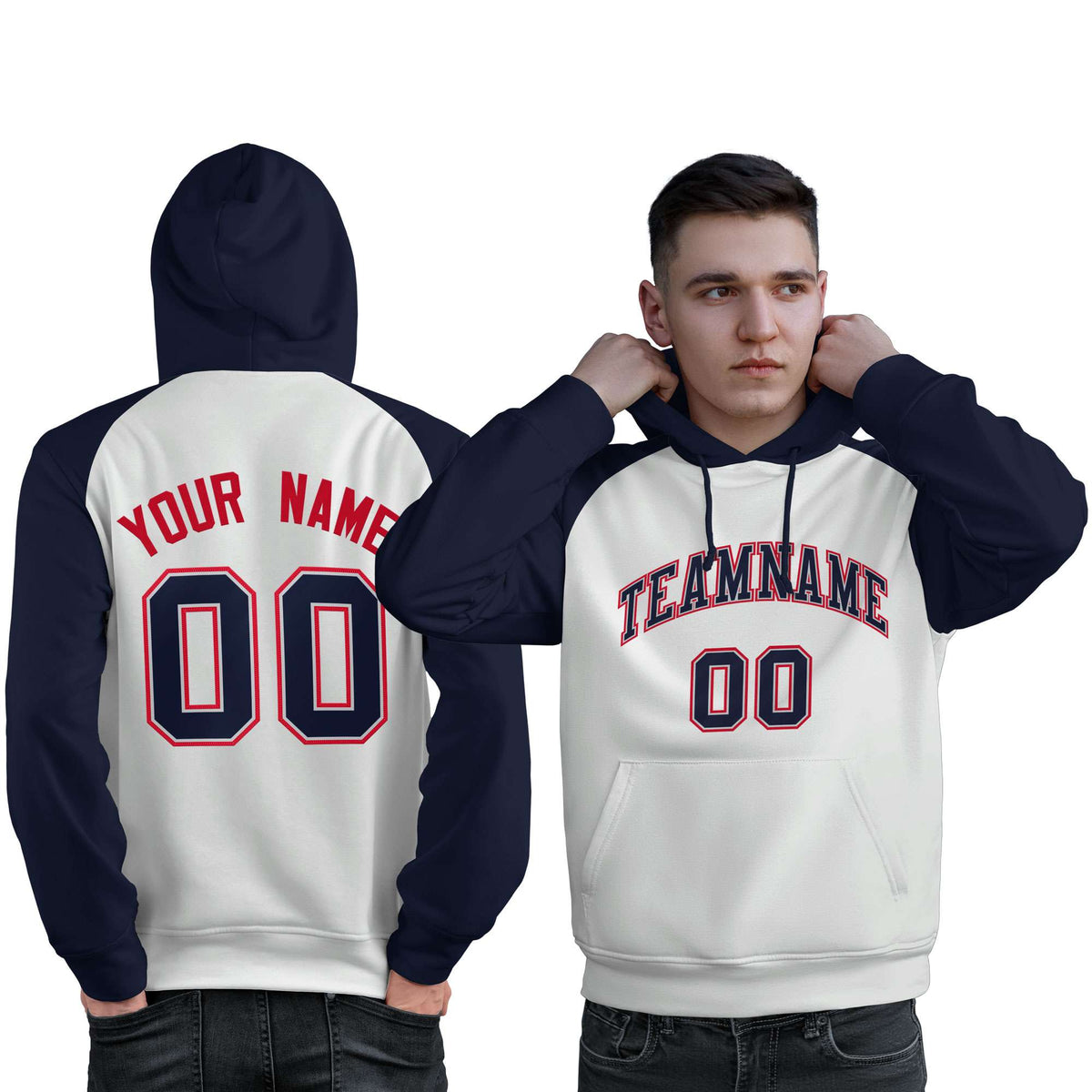 Custom Stitched White Navy Raglan Sleeves Sports Pullover Sweatshirt Hoodie For Men| KXKSHOP
