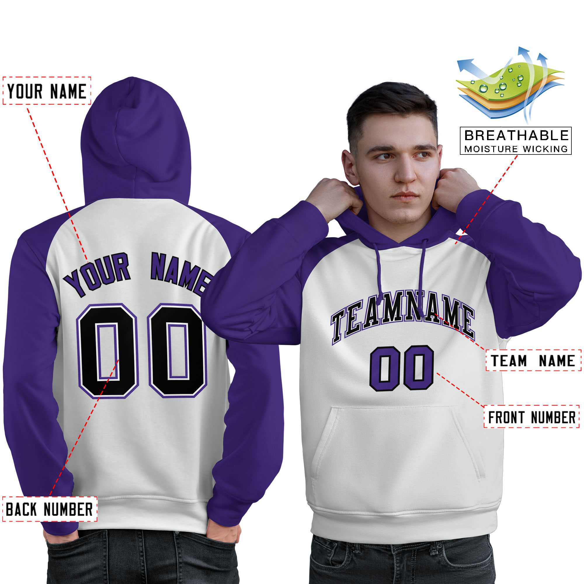 Custom Stitched White Purple-Black Raglan Sleeves Sports Pullover Sweatshirt Hoodie For Men| KXKSHOP