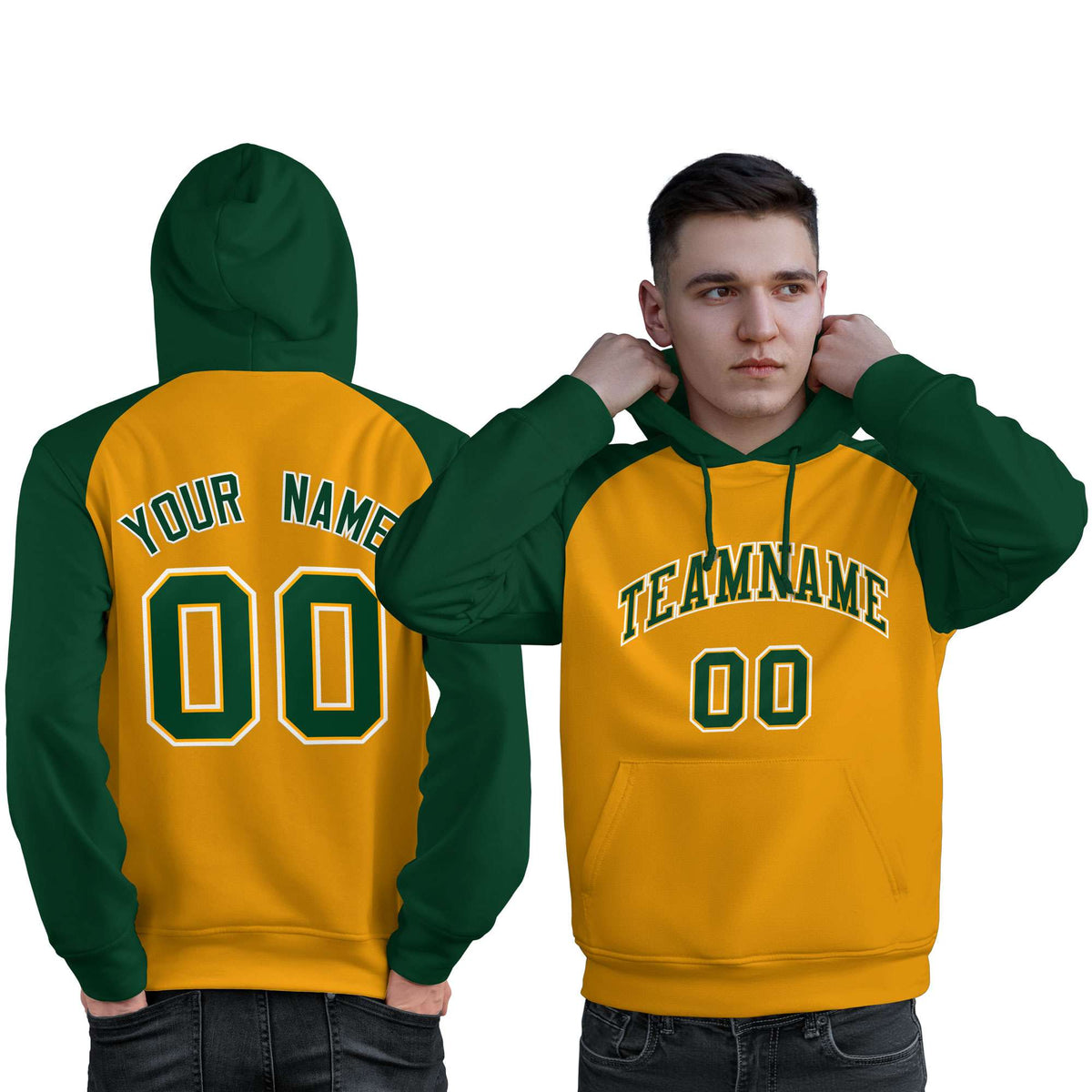 Custom Stitched Gold Green Raglan Sleeves Sports Pullover Sweatshirt Hoodie For Men| KXKSHOP