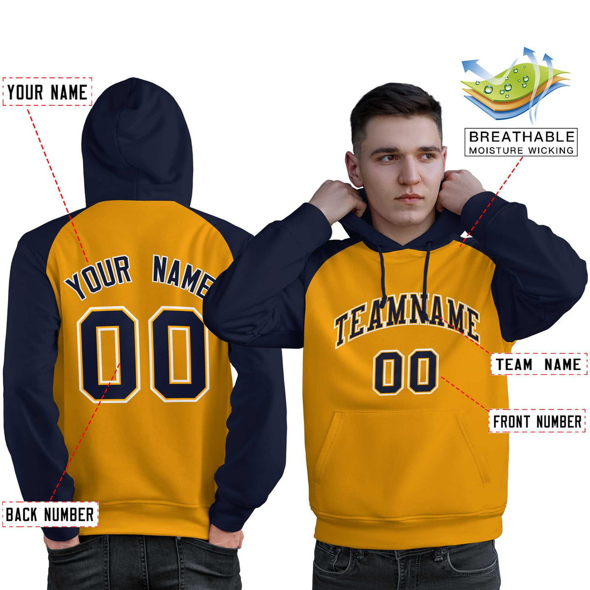 Custom Stitched Gold Navy Raglan Sleeves Sports Pullover Sweatshirt Hoodie For Men| KXKSHOP