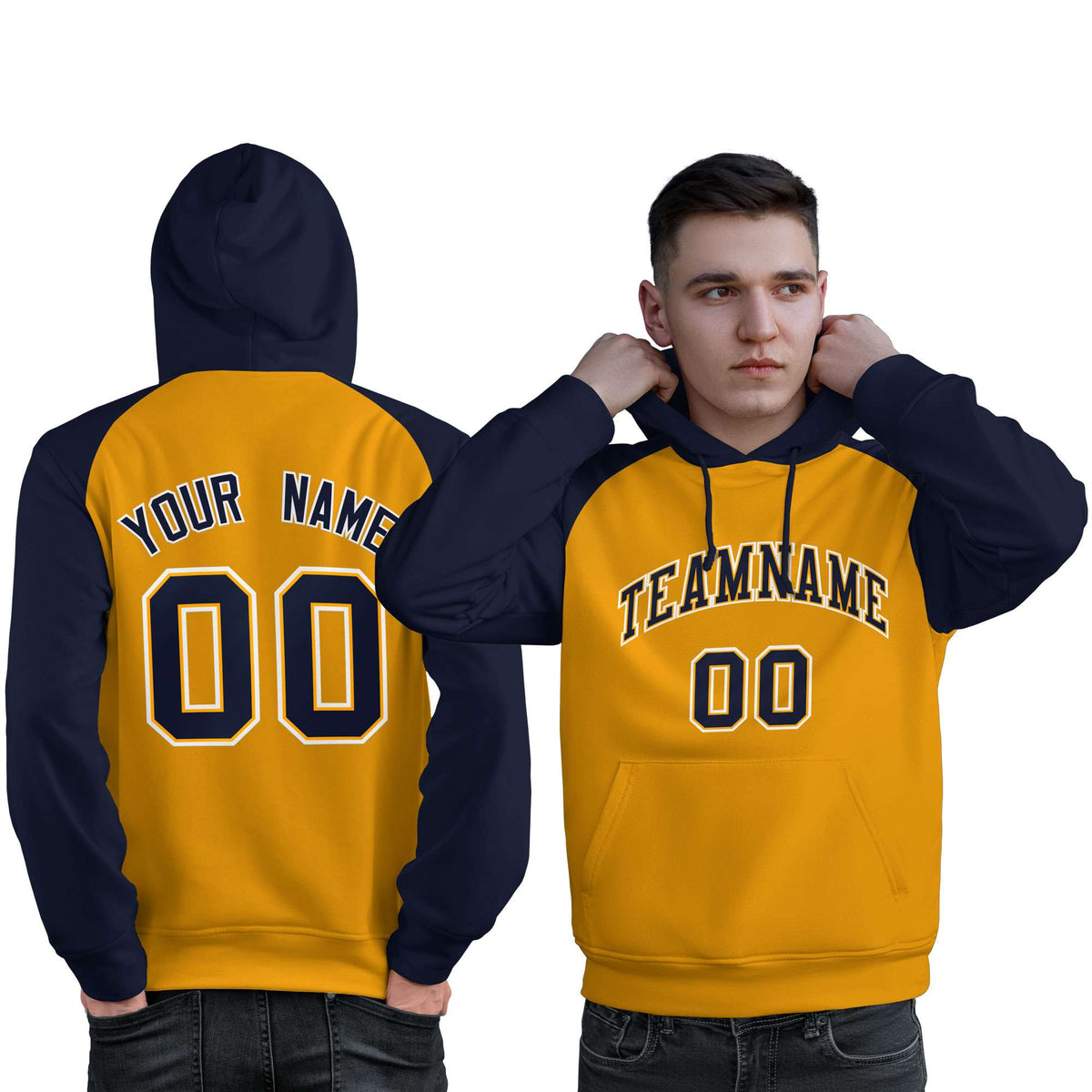 Custom Stitched Gold Navy Raglan Sleeves Sports Pullover Sweatshirt Hoodie For Men| KXKSHOP