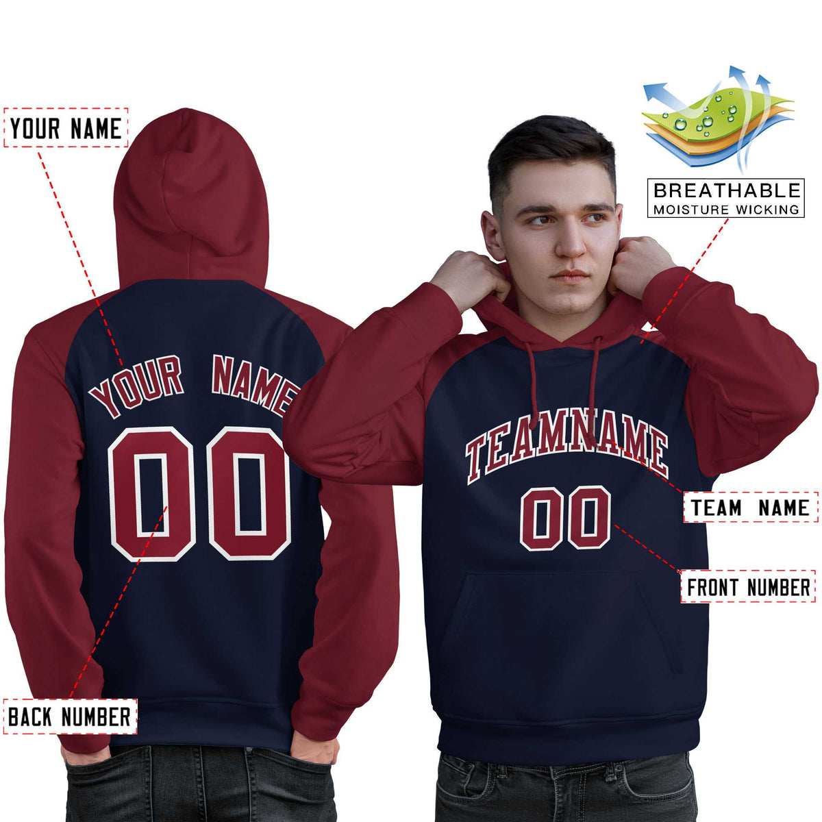 Custom Stitched Navy Crimson Raglan Sleeves Sports Pullover Sweatshirt Hoodie For Men| KXKSHOP