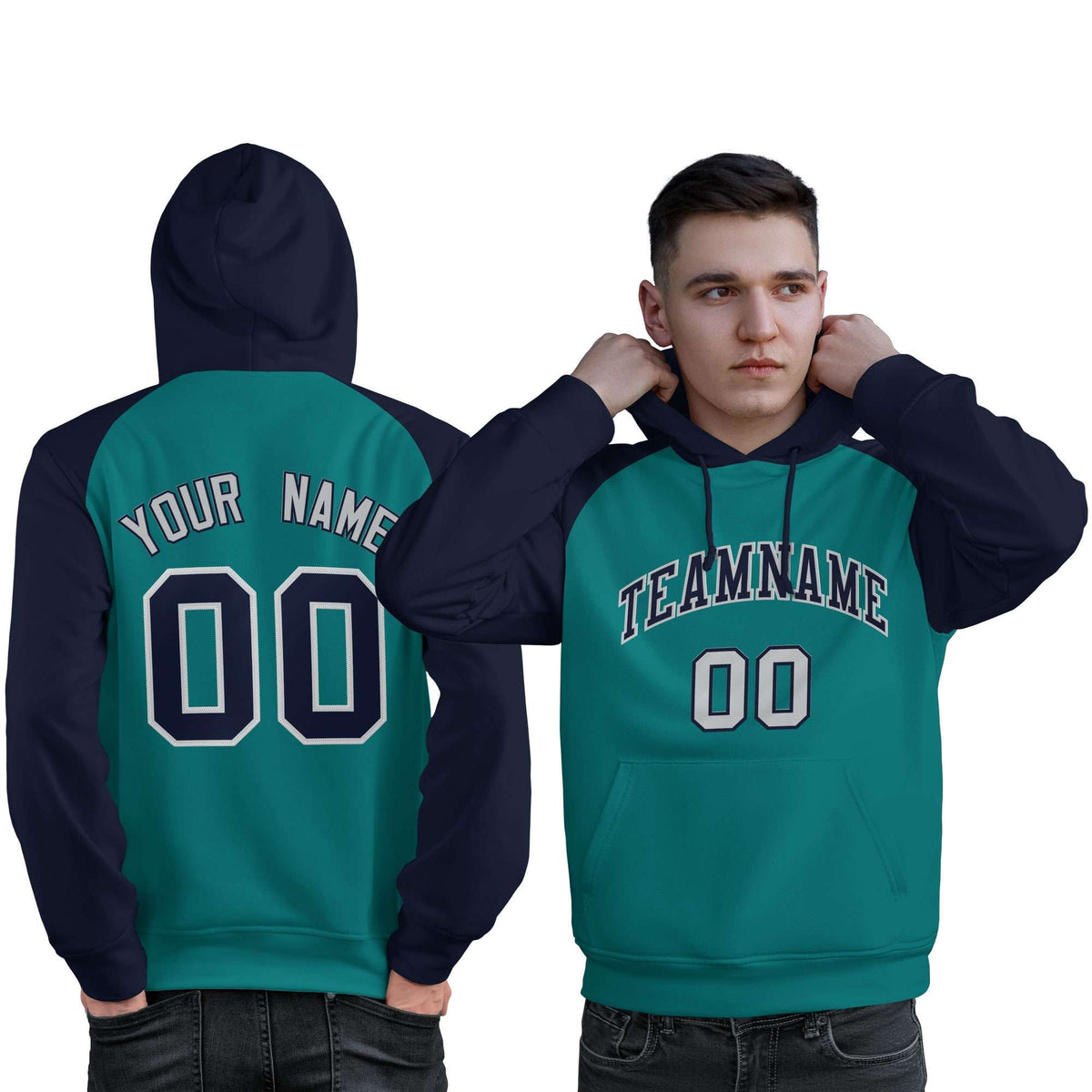 Custom Stitched Aqua Navy Raglan Sleeves Sports Pullover Sweatshirt Hoodie For Men| KXKSHOP