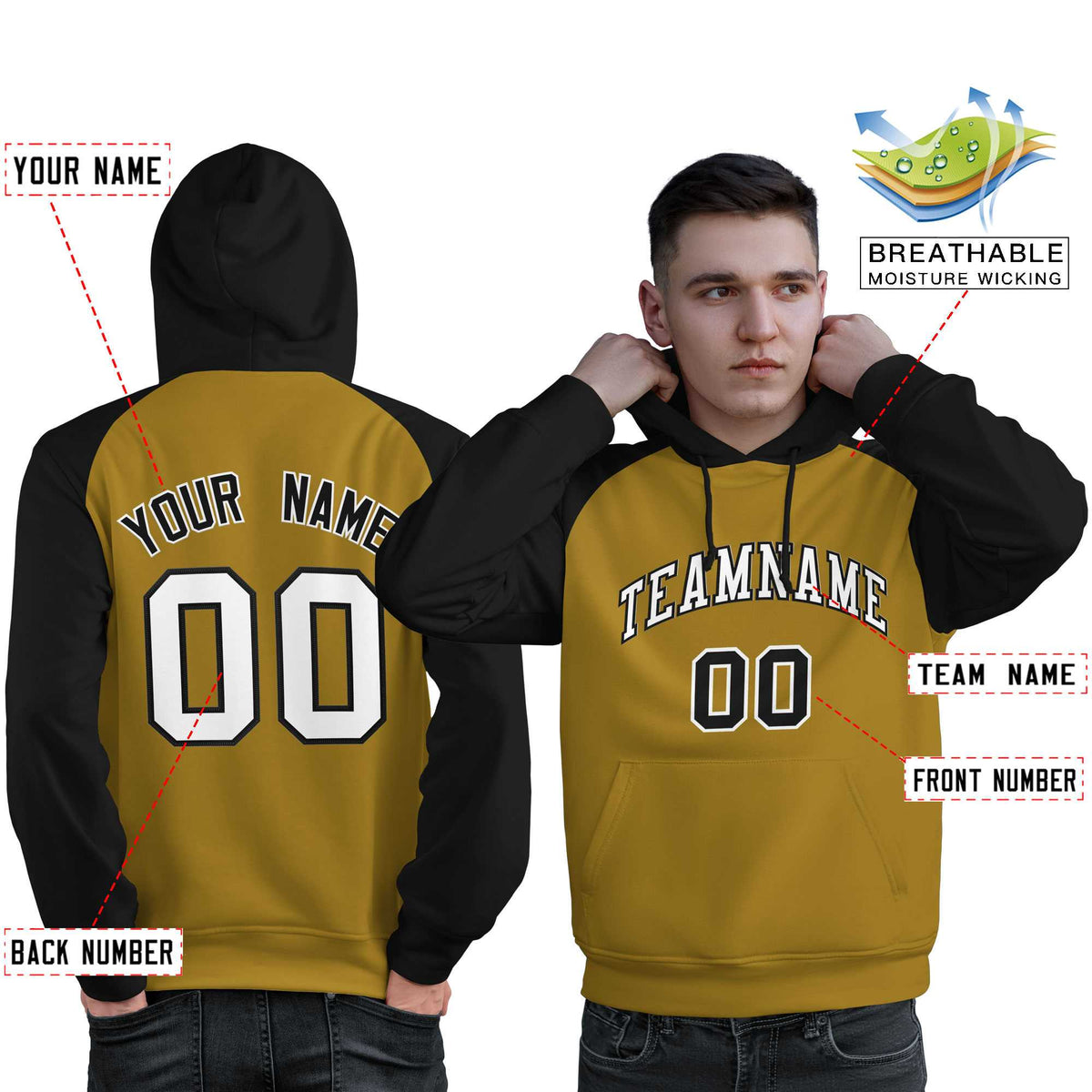 Custom Stitched Old Gold Black-White Raglan Sleeves Sports Pullover Sweatshirt Hoodie For Men| KXKSHOP