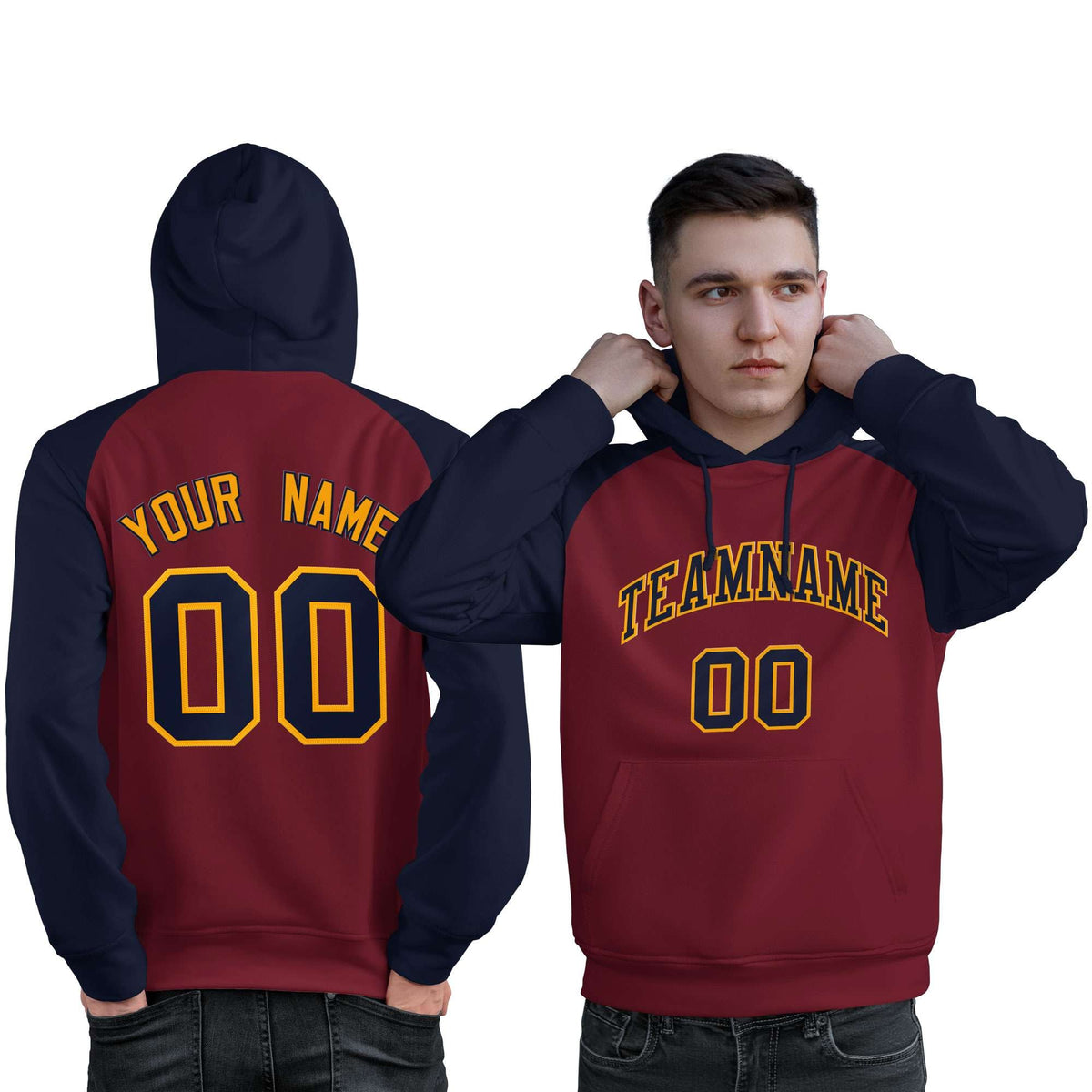 Custom Stitched Crimson Navy Raglan Sleeves Sports Pullover Sweatshirt Hoodie For Men| KXKSHOP