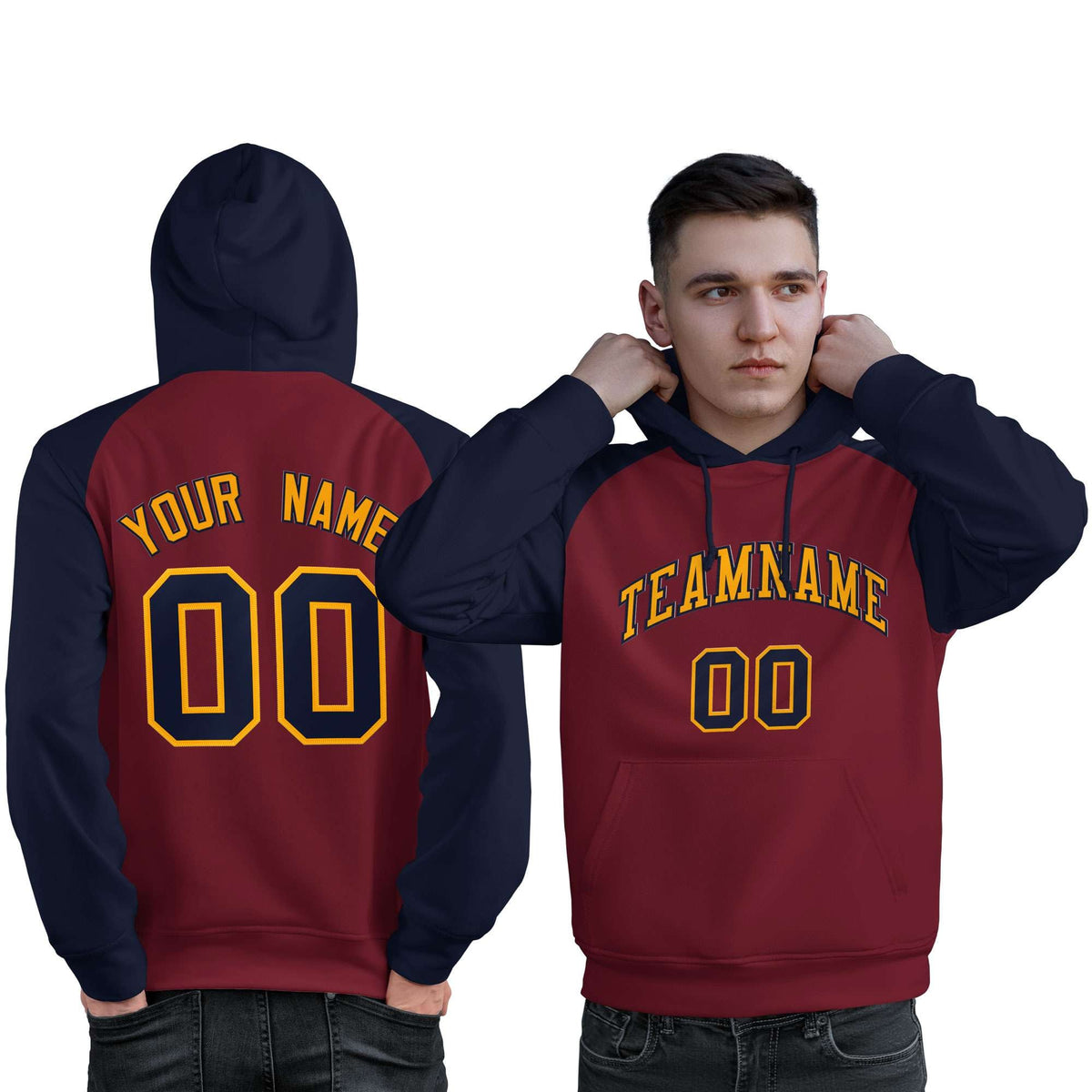 Custom Stitched Crimson Navy-Gold Raglan Sleeves Sports Pullover Sweatshirt Hoodie For Men| KXKSHOP