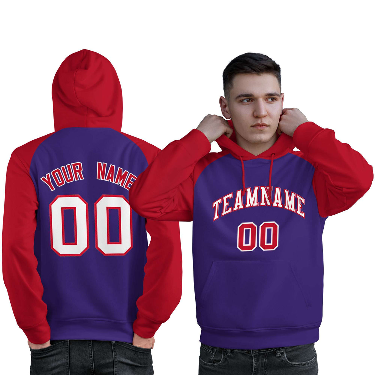 Custom Stitched Purple Red-White Raglan Sleeves Sports Pullover Sweatshirt Hoodie For Men| KXKSHOP