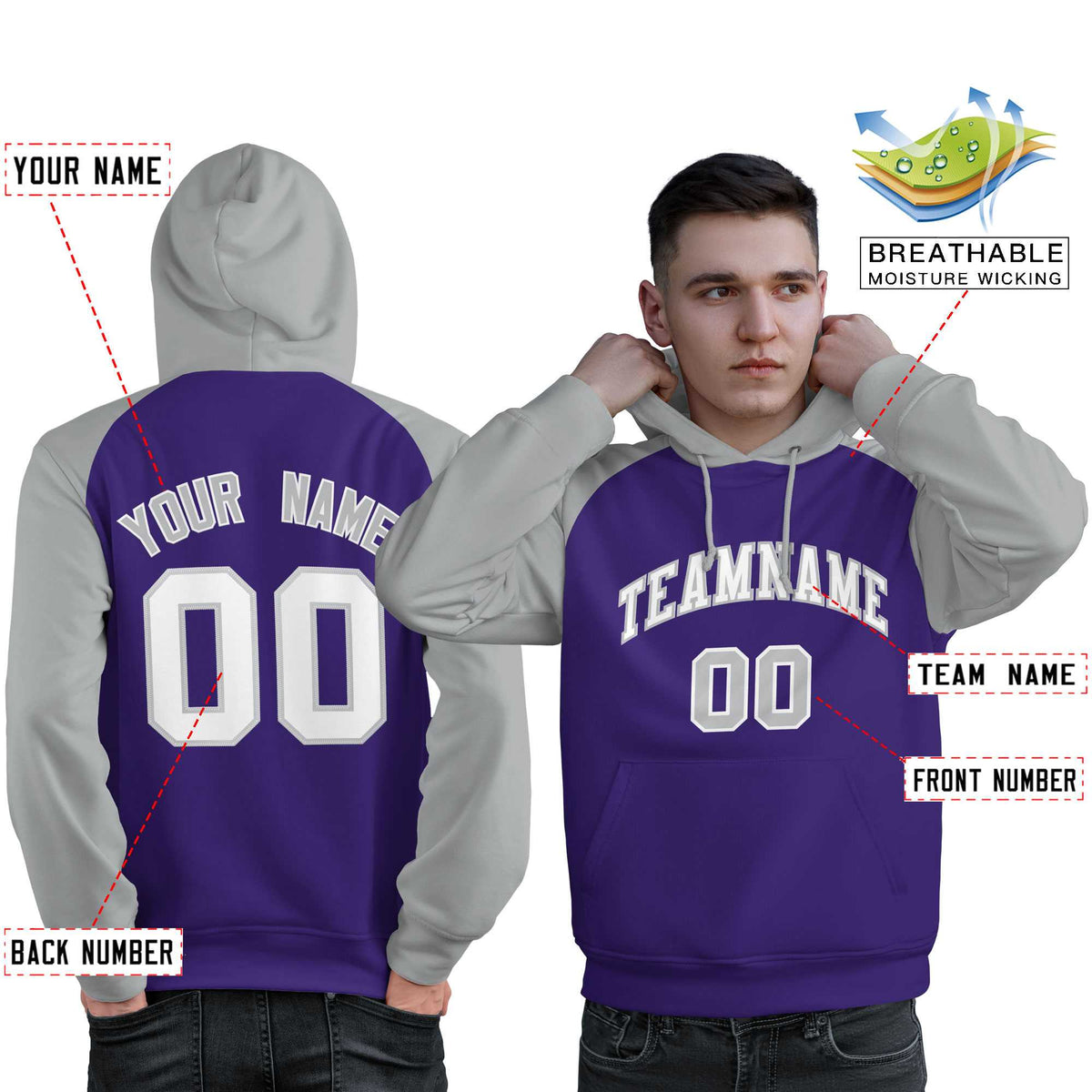 Custom Stitched Purple Gray-White Raglan Sleeves Sports Pullover Sweatshirt Hoodie For Men| KXKSHOP