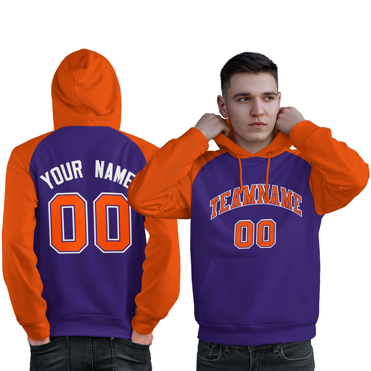Custom Stitched Purple Orange Raglan Sleeves Sports Pullover Sweatshirt Hoodie For Men| KXKSHOP