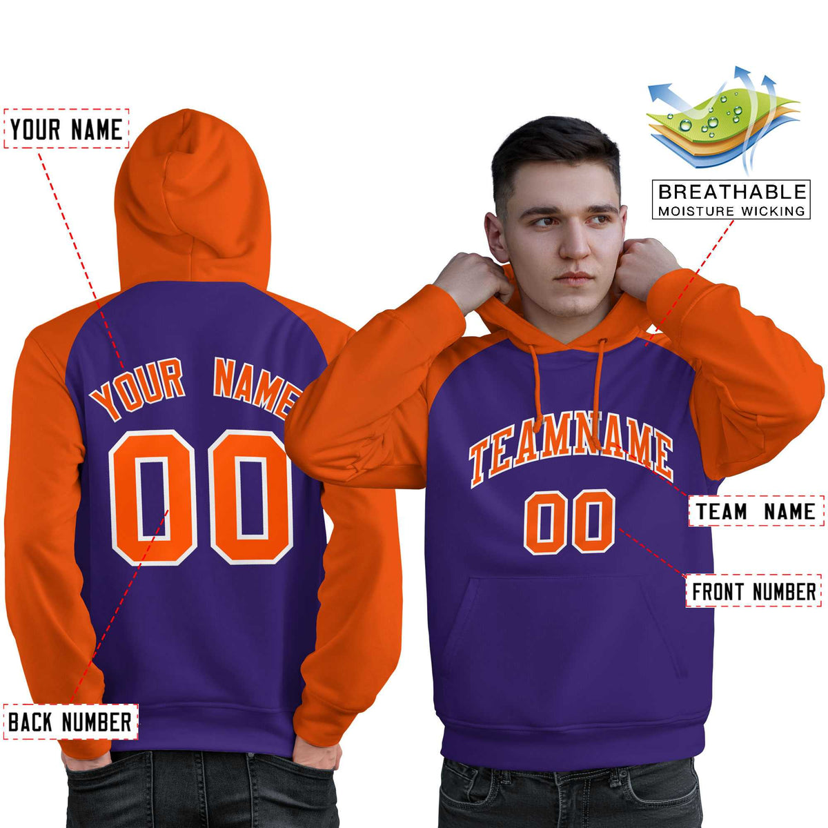Custom Stitched Purple Orange Raglan Sleeves Sports Pullover Sweatshirt Hoodie For Men| KXKSHOP