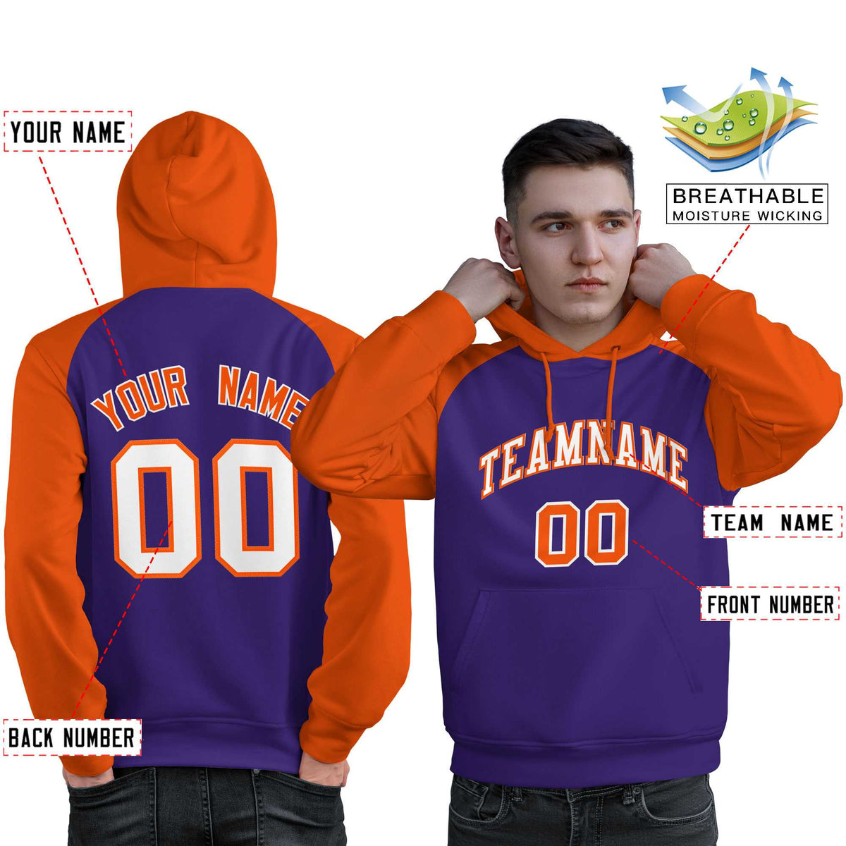 Custom Stitched Purple Orange-White Raglan Sleeves Sports Pullover Sweatshirt Hoodie For Men| KXKSHOP