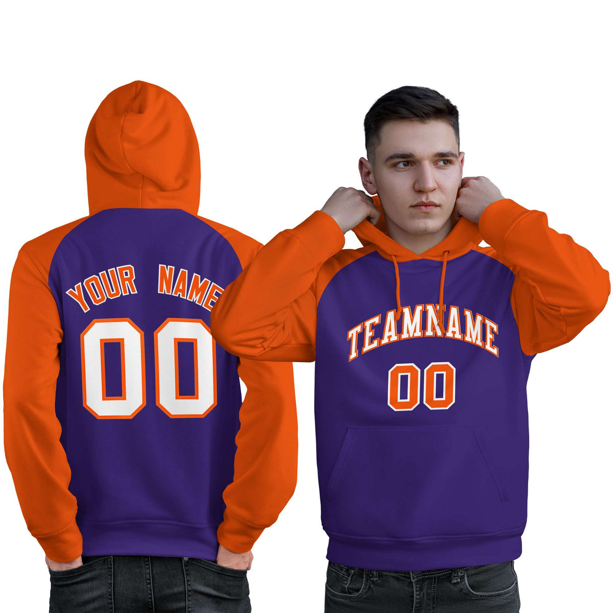Custom Stitched Purple Orange-White Raglan Sleeves Sports Pullover Sweatshirt Hoodie For Men| KXKSHOP