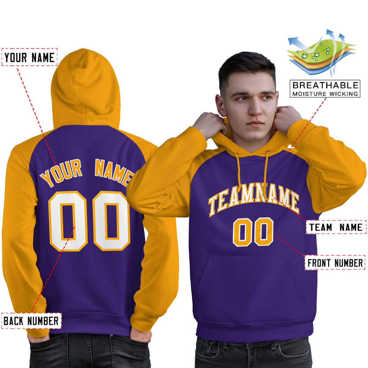 Custom Stitched Purple Gold-White Raglan Sleeves Sports Pullover Sweatshirt Hoodie For Men| KXKSHOP