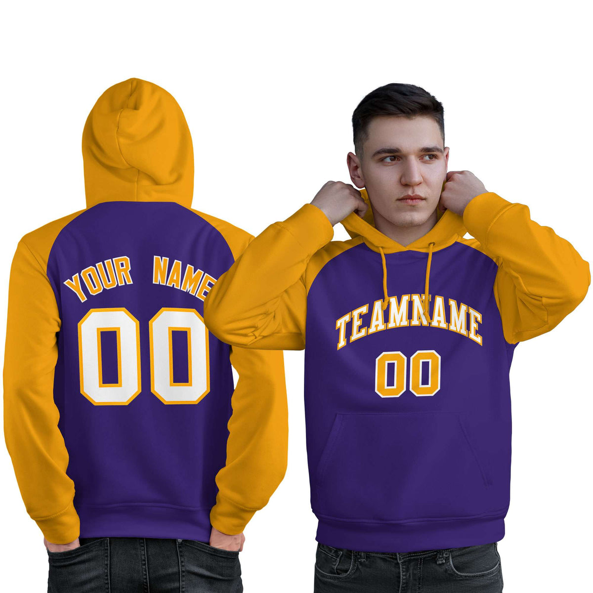 Custom Stitched Purple Gold-White Raglan Sleeves Sports Pullover Sweatshirt Hoodie For Men| KXKSHOP