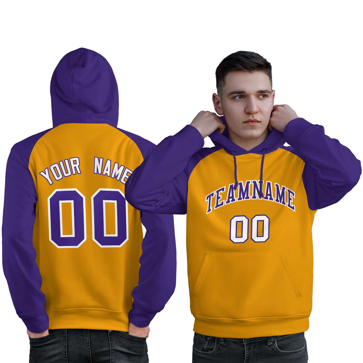 Custom Stitched Gold Purple Raglan Sleeves Sports Pullover Sweatshirt Hoodie For Men| KXKSHOP