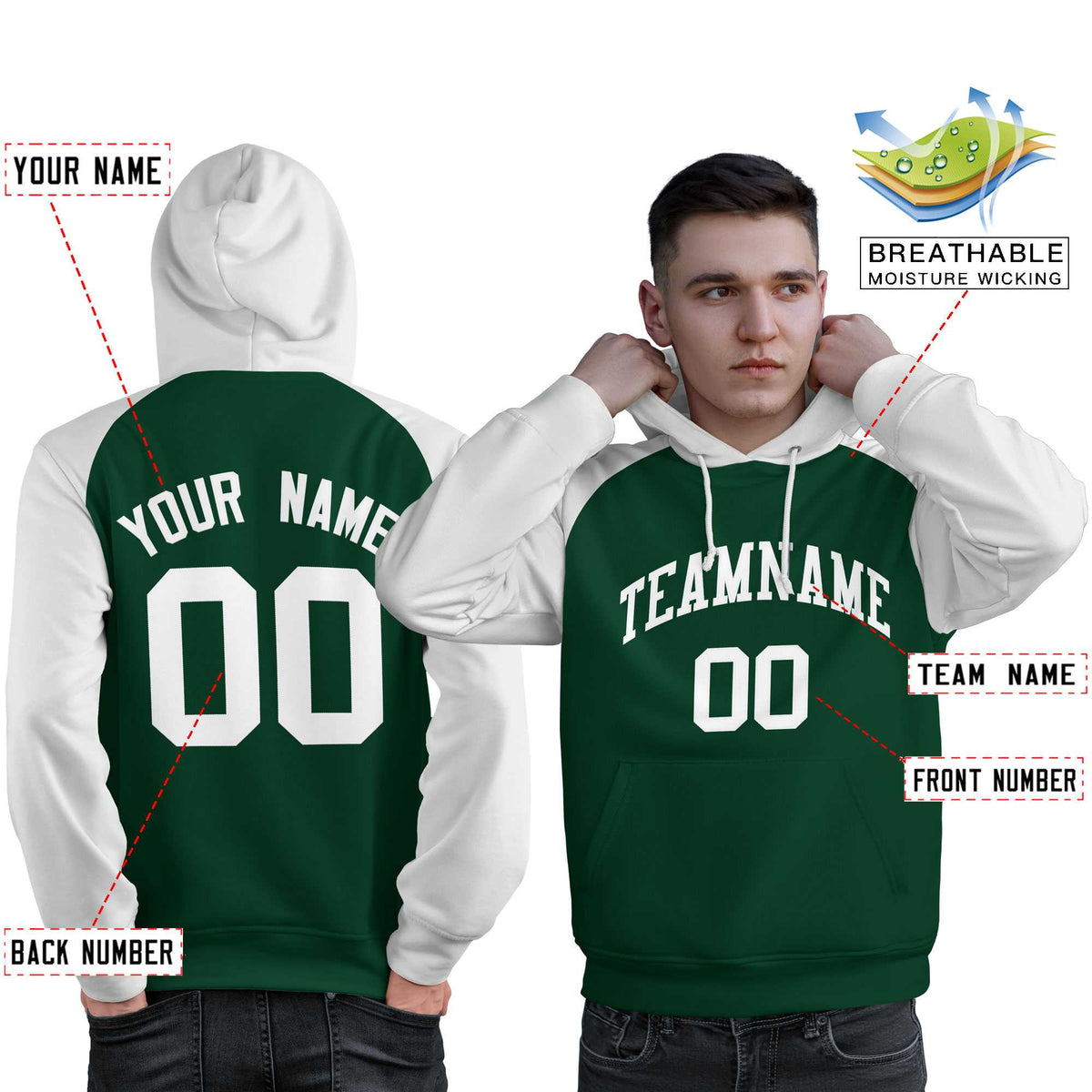 Custom Stitched Green White Raglan Sleeves Sports Pullover Sweatshirt Hoodie For Men| KXKSHOP