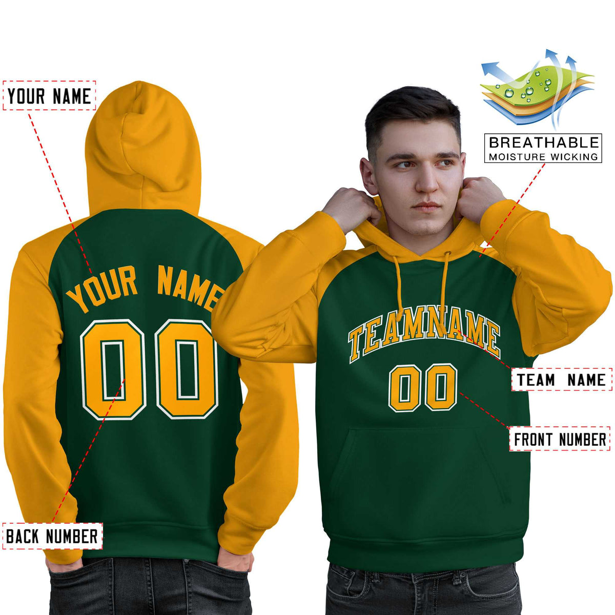 Custom Stitched Green Gold Raglan Sleeves Sports Pullover Sweatshirt Hoodie For Men| KXKSHOP