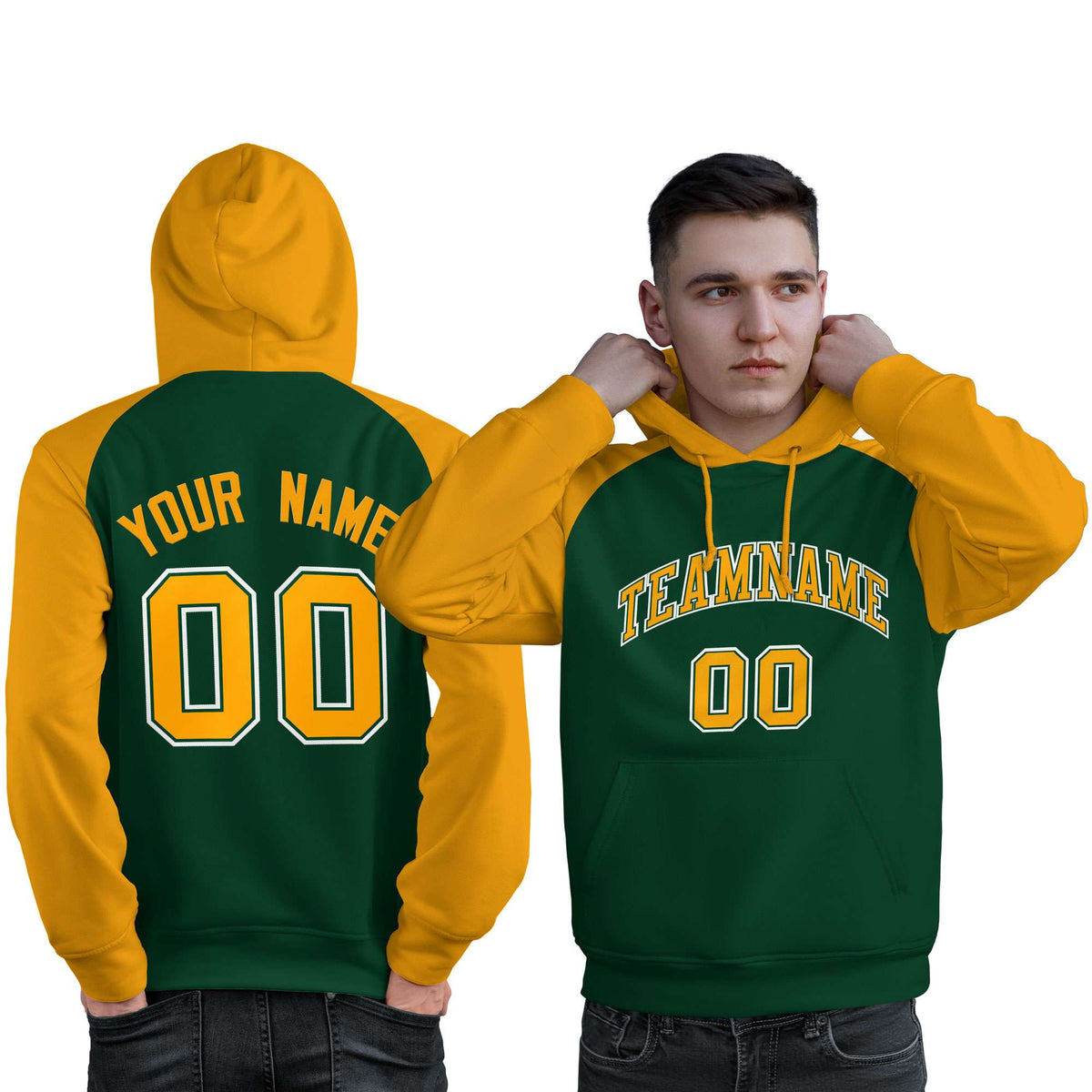 Custom Stitched Green Gold Raglan Sleeves Sports Pullover Sweatshirt Hoodie For Men| KXKSHOP