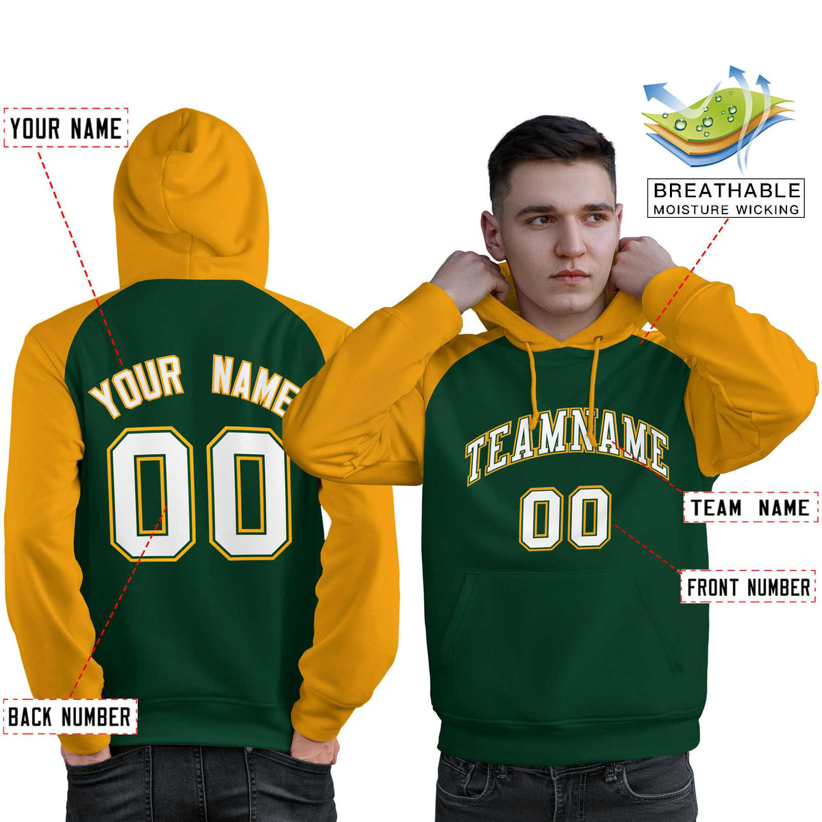 Custom Stitched Green Gold-White Raglan Sleeves Sports Pullover Sweatshirt Hoodie For Men| KXKSHOP