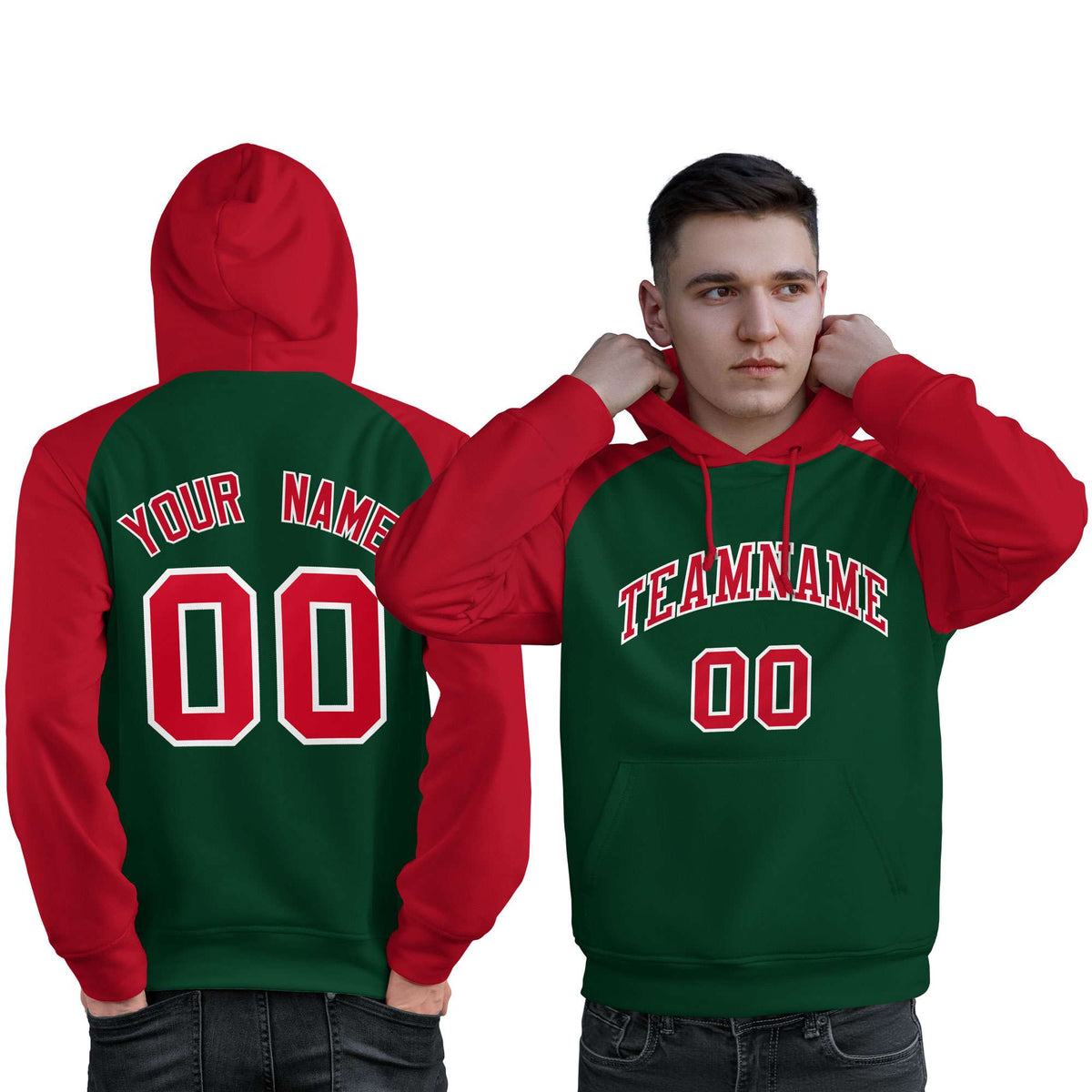 Custom Stitched Green Red Raglan Sleeves Sports Pullover Sweatshirt Hoodie For Men| KXKSHOP