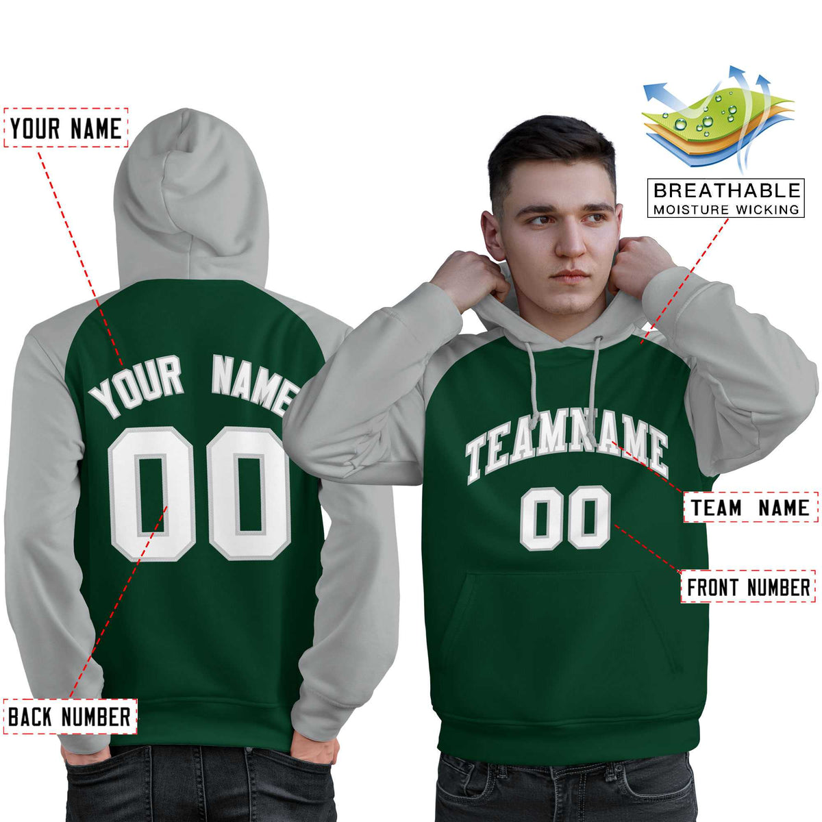 Custom Stitched Green Gray-White Raglan Sleeves Sports Pullover Sweatshirt Hoodie For Men| KXKSHOP