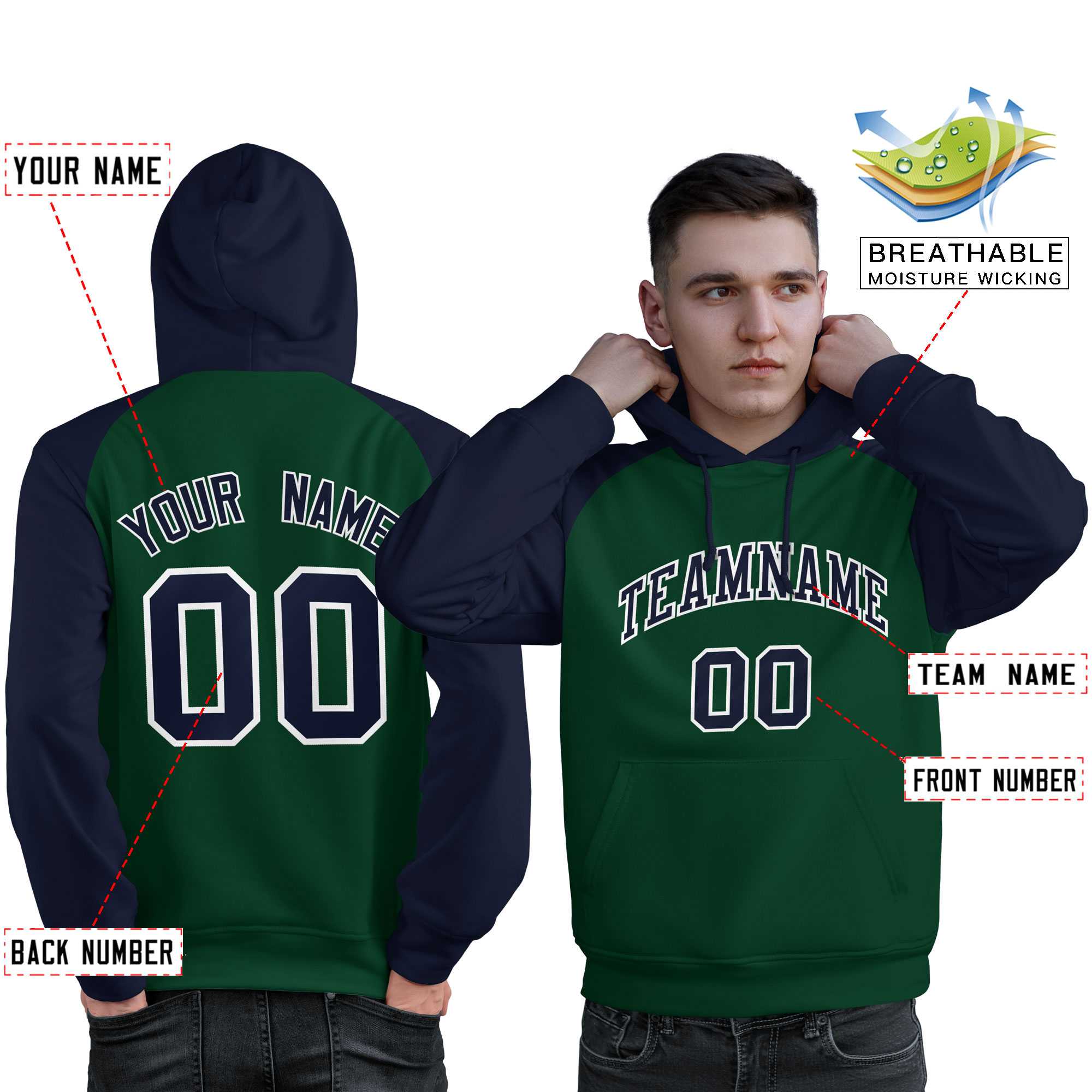 Custom Stitched Green Navy Raglan Sleeves Sports Pullover Sweatshirt Hoodie For Men| KXKSHOP