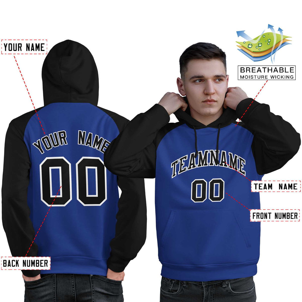 Custom Stitched Royal Black Raglan Sleeves Sports Pullover Sweatshirt Hoodie For Men| KXKSHOP