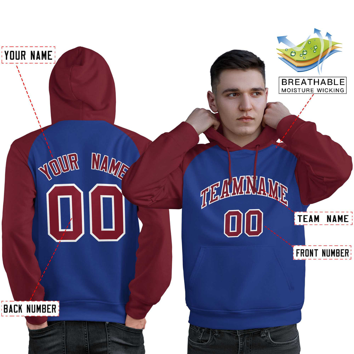 Custom Stitched Royal Crimson Raglan Sleeves Sports Pullover Sweatshirt Hoodie For Men| KXKSHOP
