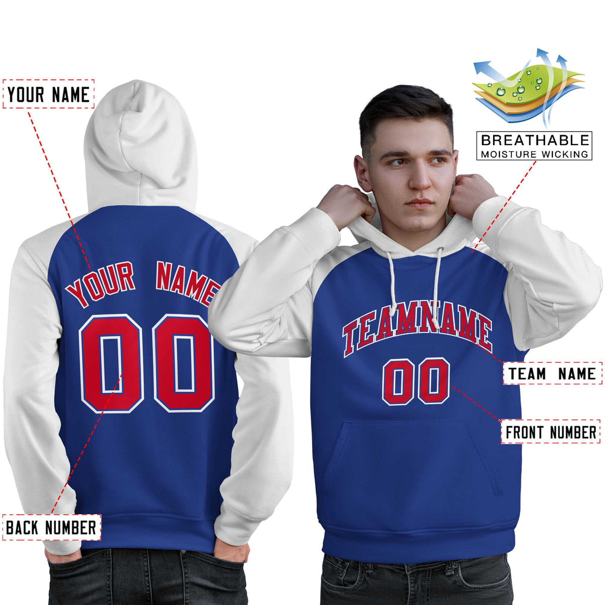 Custom Stitched Royal White-Red Raglan Sleeves Sports Pullover Sweatshirt Hoodie For Men| KXKSHOP