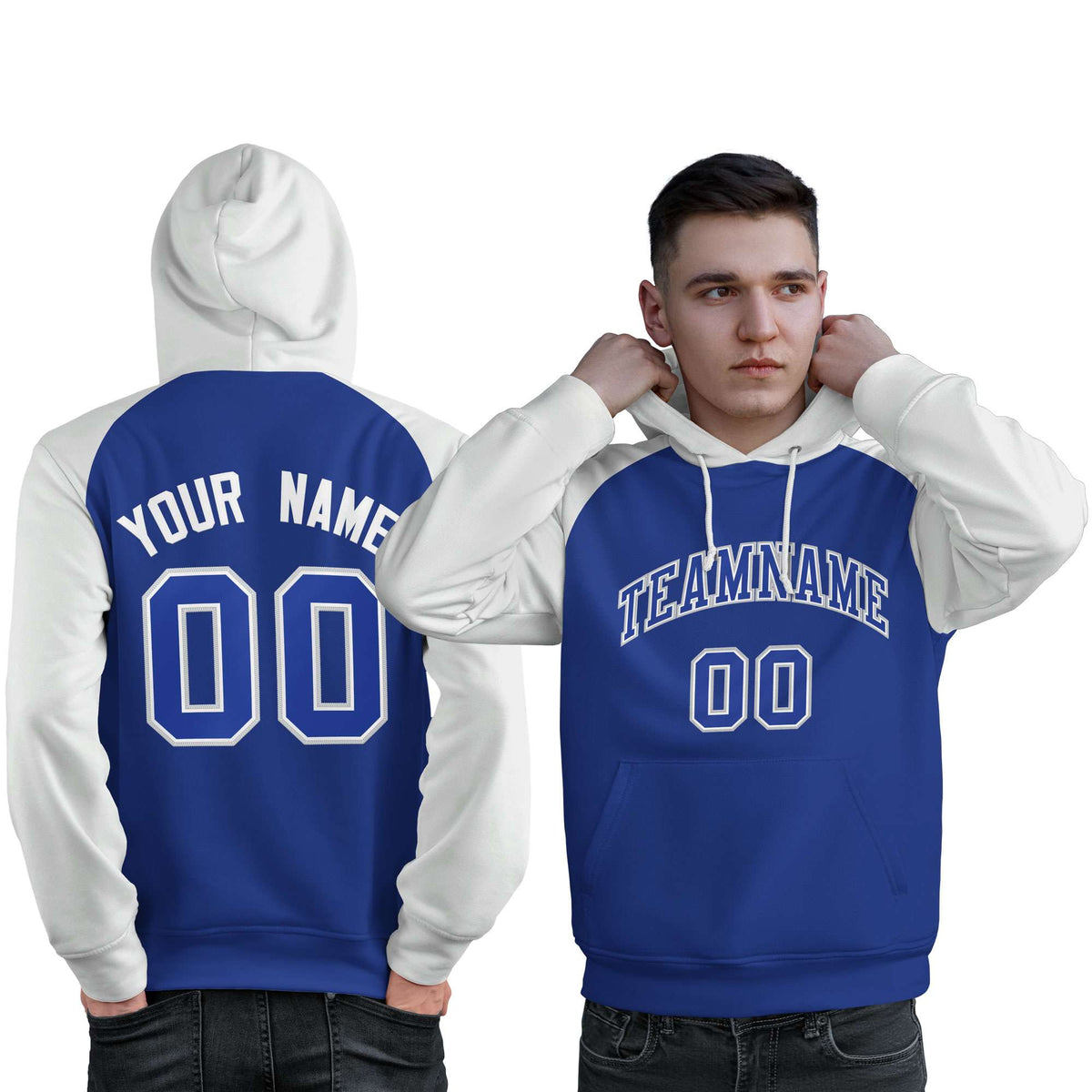 Custom Stitched Royal White Raglan Sleeves Sports Pullover Sweatshirt Hoodie For Men| KXKSHOP