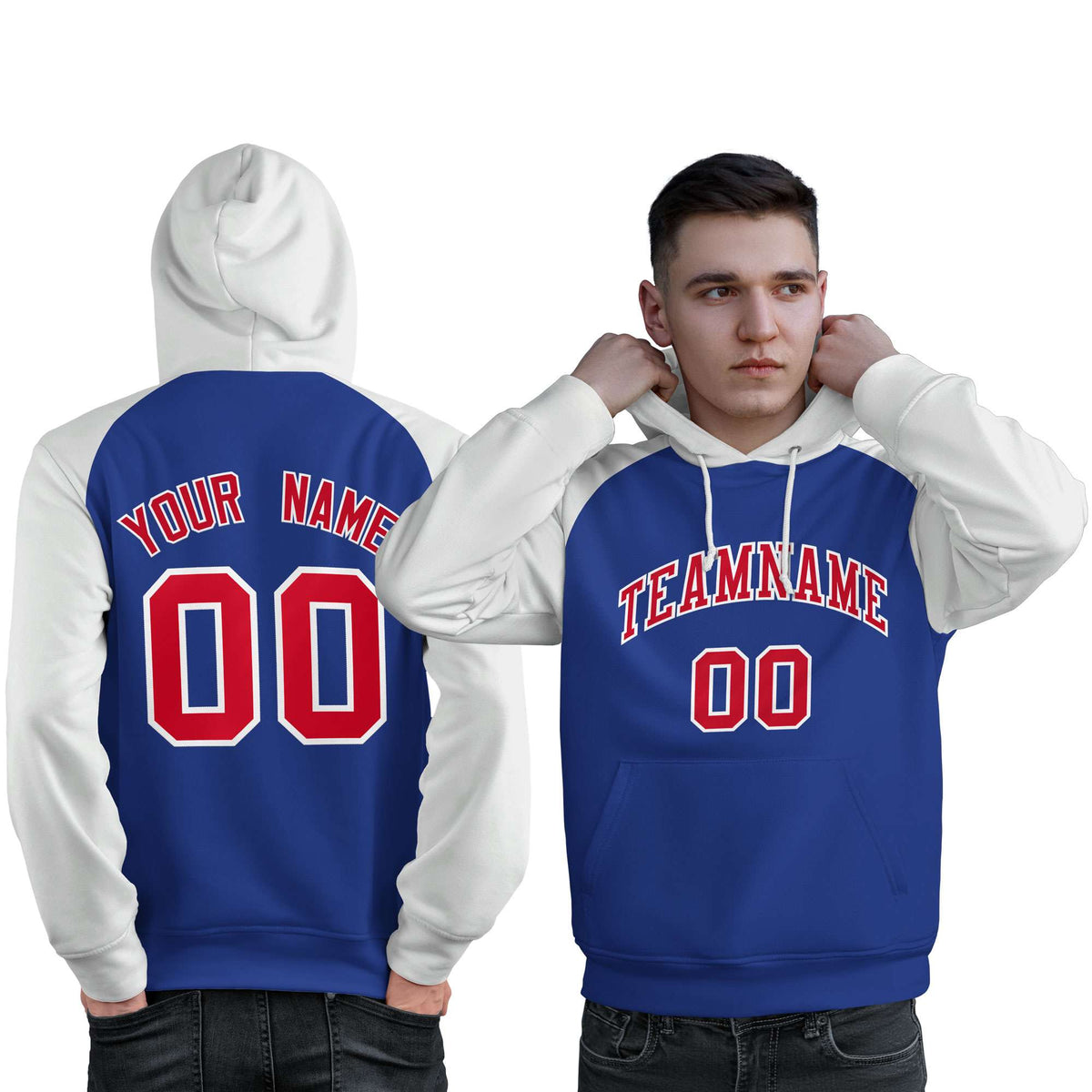 Custom Stitched Royal White-Red Raglan Sleeves Sports Pullover Sweatshirt Hoodie For Men| KXKSHOP