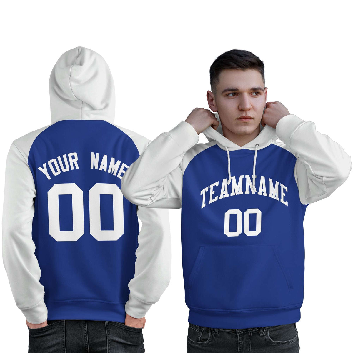 Custom Stitched Royal White Raglan Sleeves Sports Pullover Sweatshirt Hoodie For Men| KXKSHOP