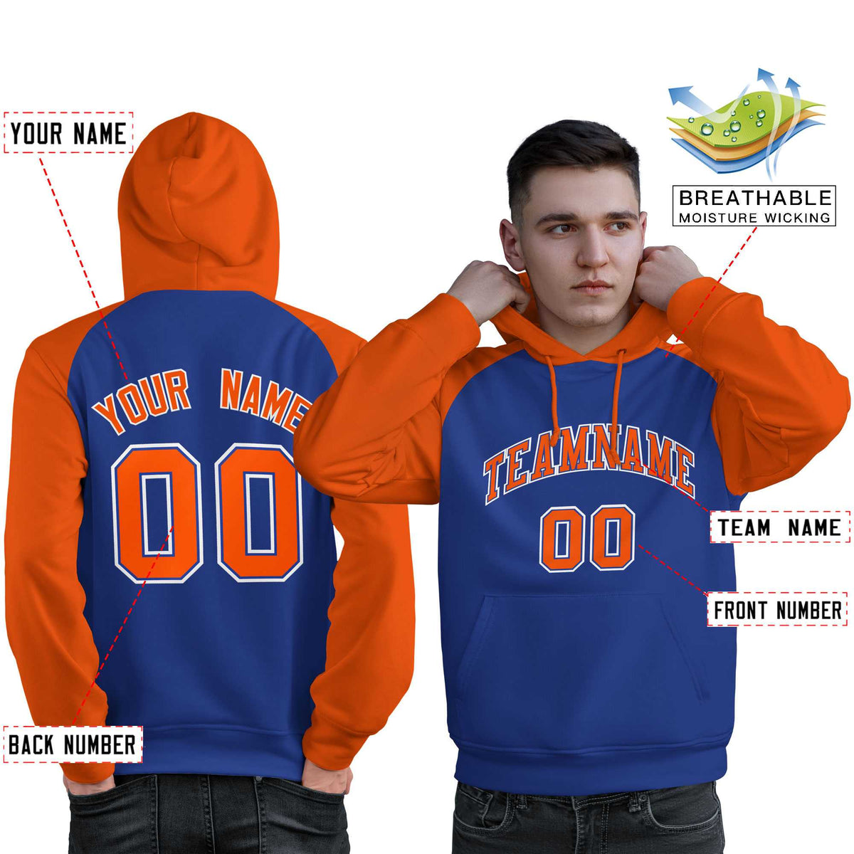 Custom Stitched Royal Orange Raglan Sleeves Sports Pullover Sweatshirt Hoodie For Men| KXKSHOP