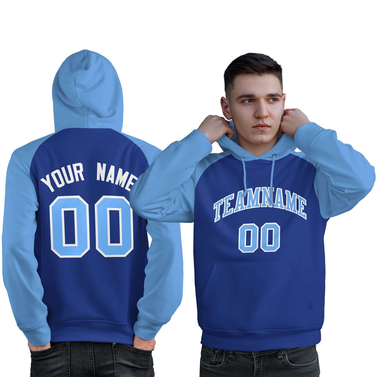 Custom Stitched Royal Powder Blue Raglan Sleeves Sports Pullover Sweatshirt Hoodie For Men| KXKSHOP