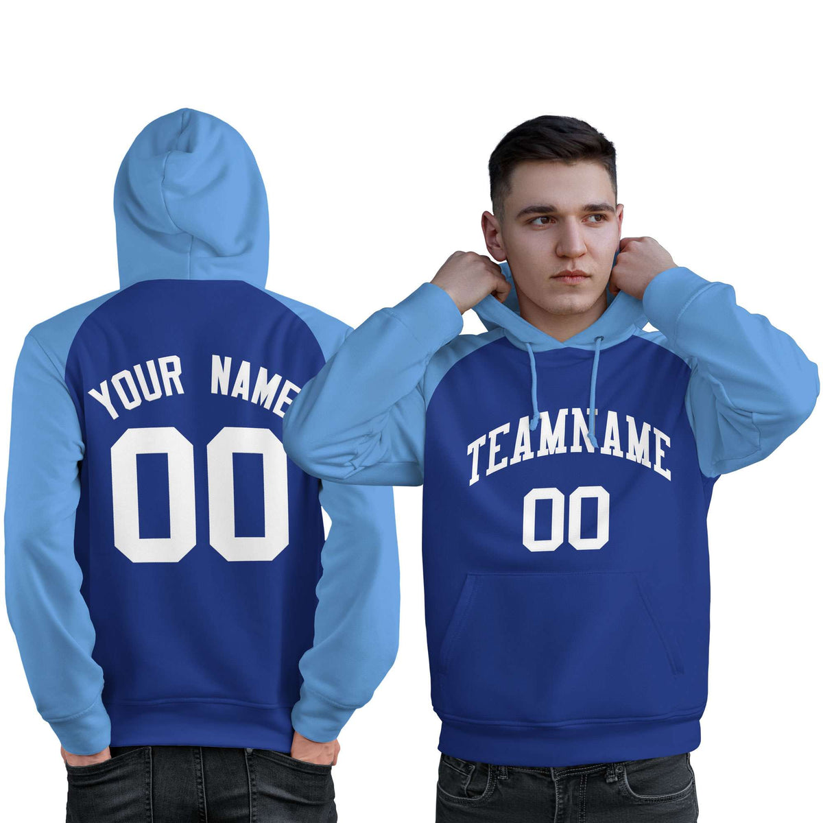 Custom Stitched Royal Powder Blue-White Raglan Sleeves Sports Pullover Sweatshirt Hoodie For Men| KXKSHOP