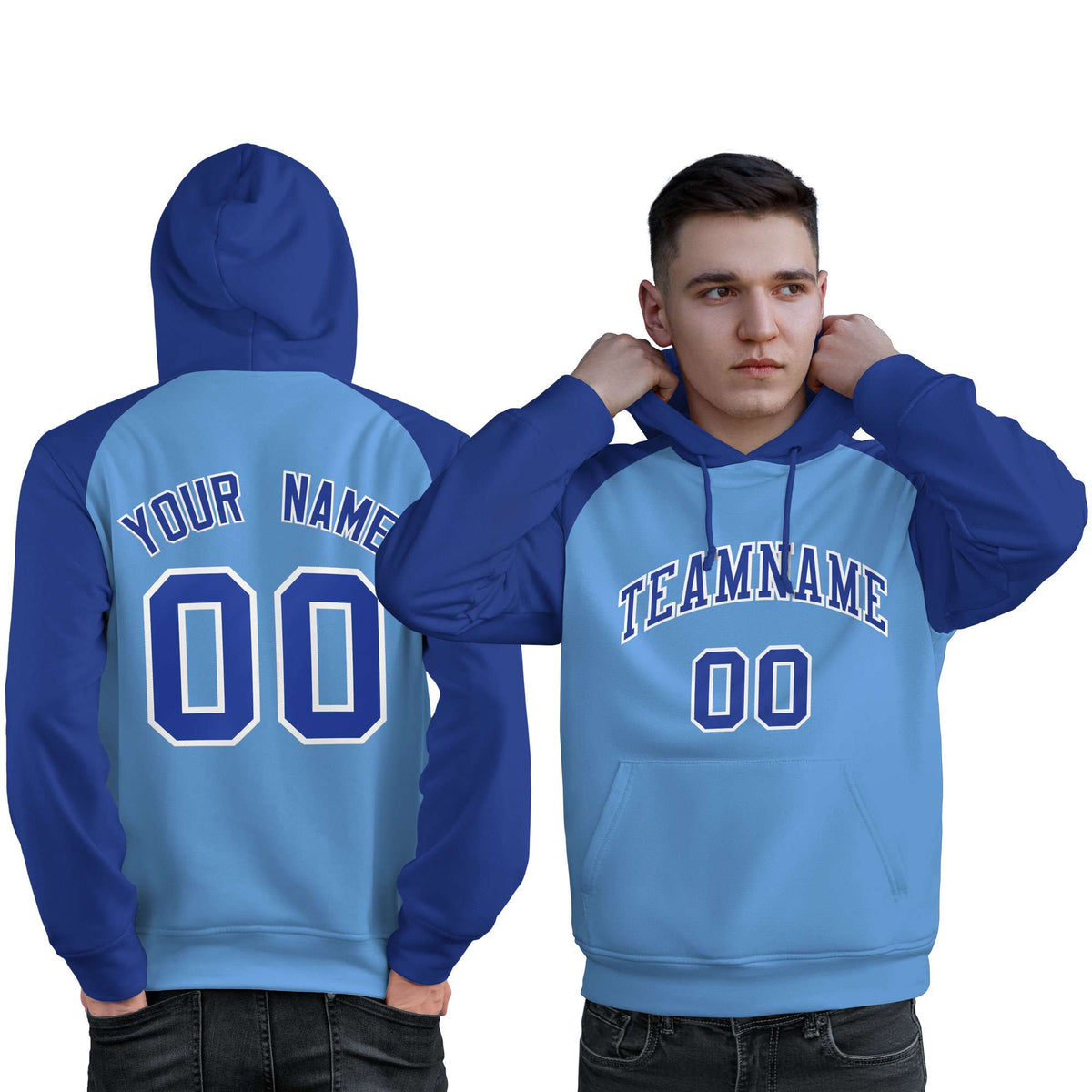 Custom Stitched Powder Blue Royal Raglan Sleeves Sports Pullover Sweatshirt Hoodie For Men| KXKSHOP