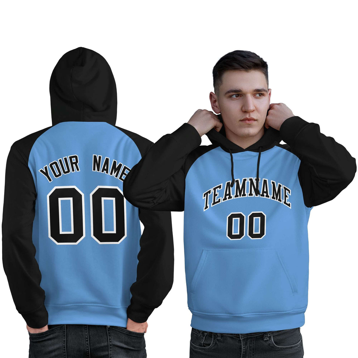 Custom Stitched Powder Blue Black Raglan Sleeves Sports Pullover Sweatshirt Hoodie For Men| KXKSHOP