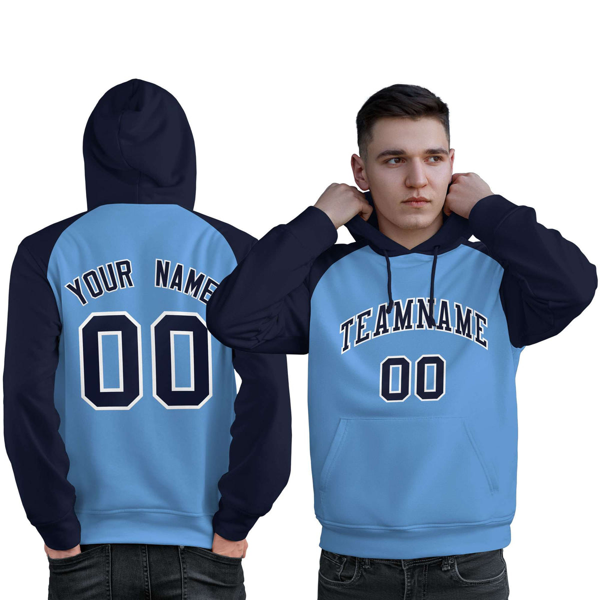 Custom Stitched Powder Blue Navy Raglan Sleeves Sports Pullover Sweatshirt Hoodie For Men| KXKSHOP