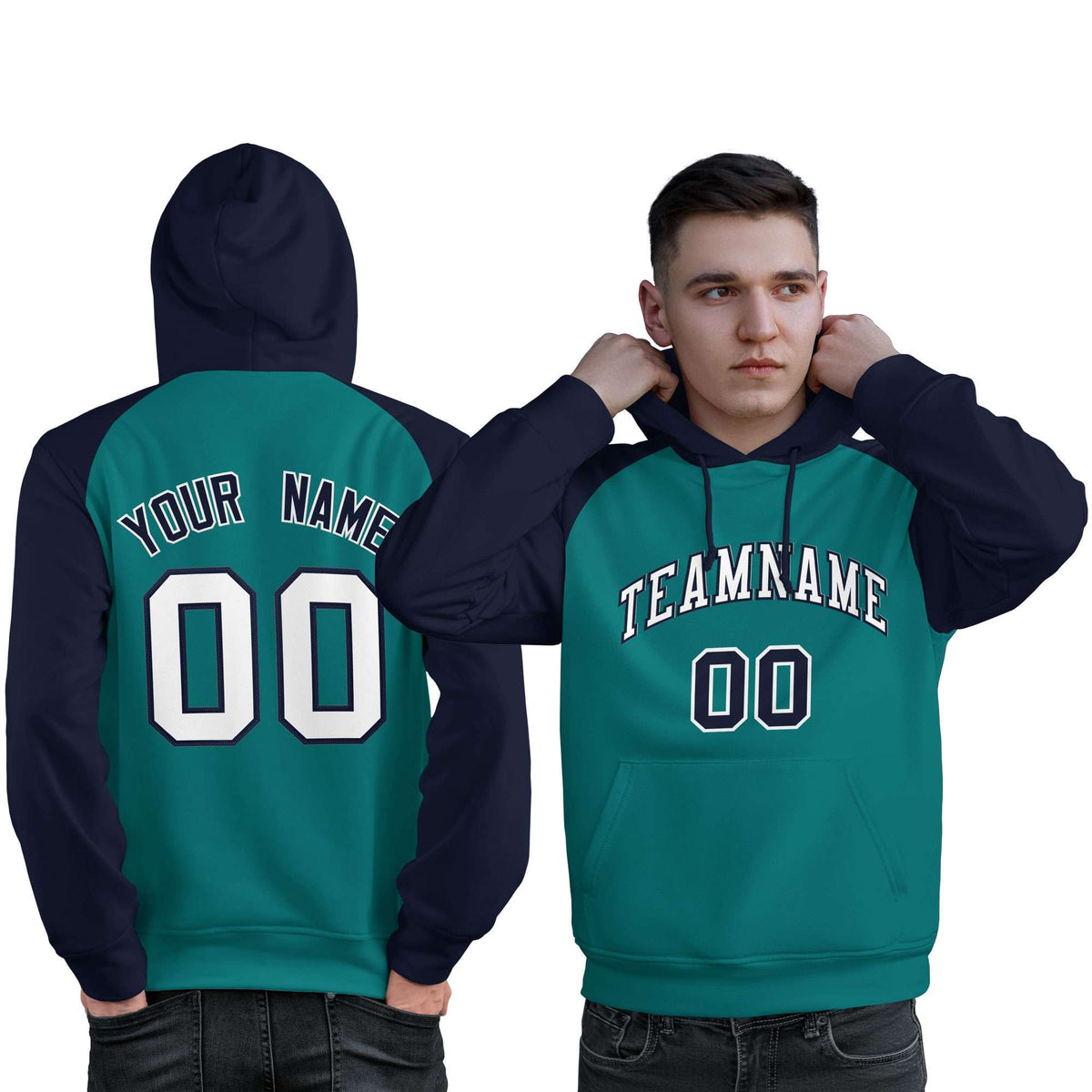 Custom Stitched Aqua Navy-White Raglan Sleeves Sports Pullover Sweatshirt Hoodie For Men| KXKSHOP