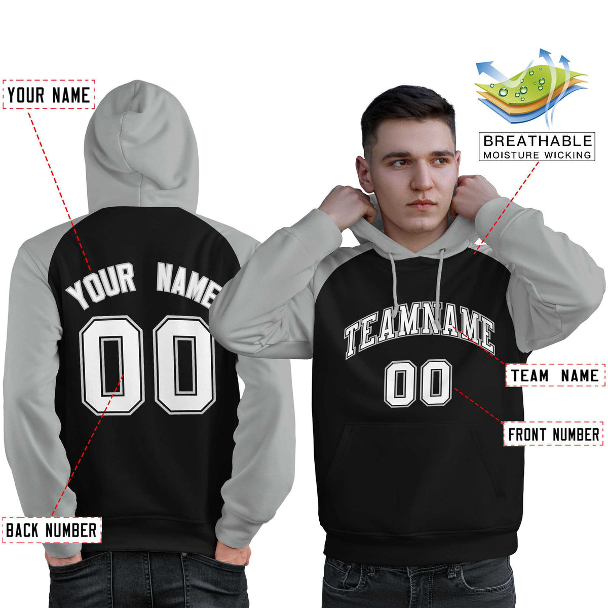 Custom Stitched Black Gray-White Raglan Sleeves Sports Pullover Sweatshirt Hoodie For Men| KXKSHOP