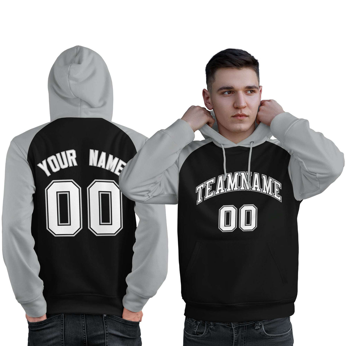 Custom Stitched Black Gray-White Raglan Sleeves Sports Pullover Sweatshirt Hoodie For Men| KXKSHOP